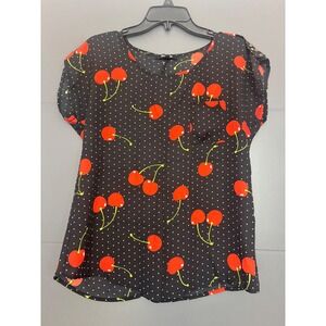 Ups & Downs Womens Black Cherry Polka Dot Print Short Sleeve Blouse JL3101 M